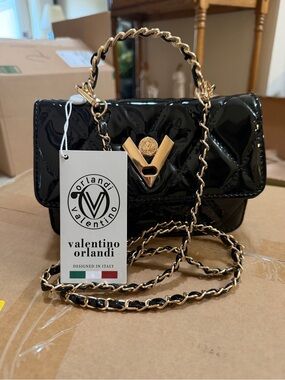 Valentino Orlandi Black Patent Leather Quilted Mini Crossbody with Gold Chain